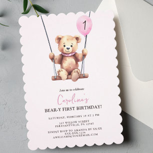 Pink Teddy Bear First Birthday Invitation