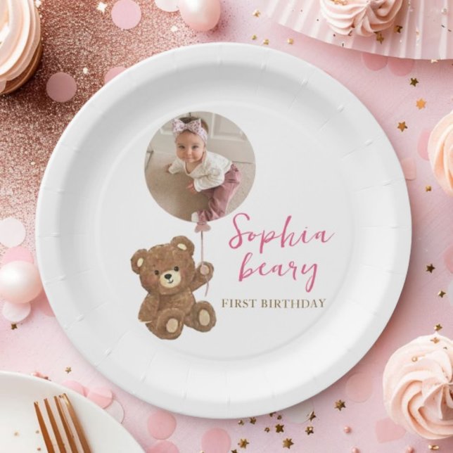 Pink Teddy Bear First Birthday Photo Paper Plate (Creator Uploaded)