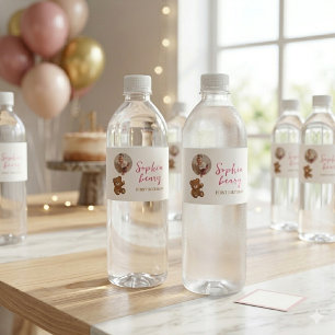 Pink Teddy Bear First Birthday Photo  Water Bottle Label