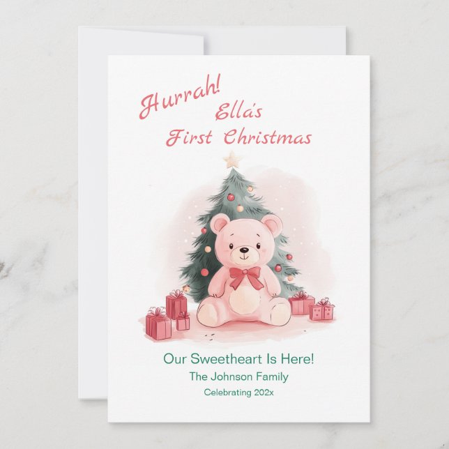 Pink Teddy Bear First Christmas Flat Holiday Card (Front)