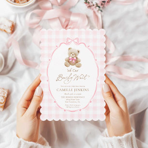 Pink Teddy Bear Gingham Baby Shower Invitation