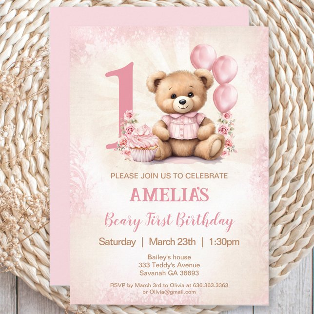 Pink Teddy Bear Girl 1st Birthday Invitation (Pink Teddy Bear Girl 1st Birthday Invitation)