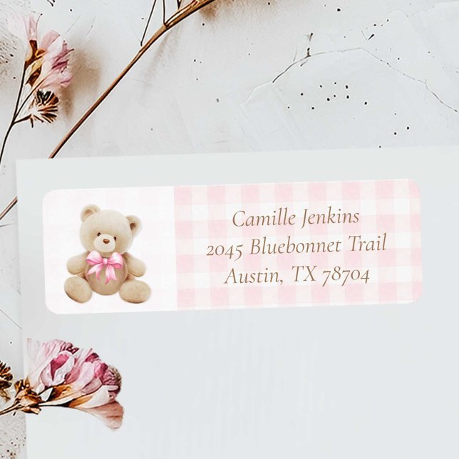 Pink Teddy Bear Girl Baby Shower Address Label (Teddy Bear Pink Gingham Return Address Label)
