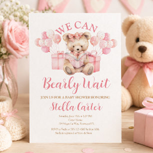 Pink Teddy Bear Girl Baby Shower Bearly Wait Invitation