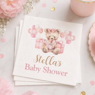 Pink Teddy Bear Girl Baby Shower Bearly Wait Napkin