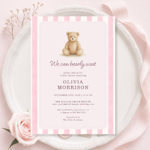 Pink Teddy Bear Girl Stripes Baby Shower Invitation