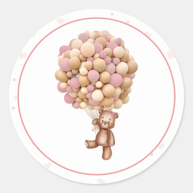 Pink Teddy Bear Hot Air Balloon Baby Shower Classic Round Sticker (Front)