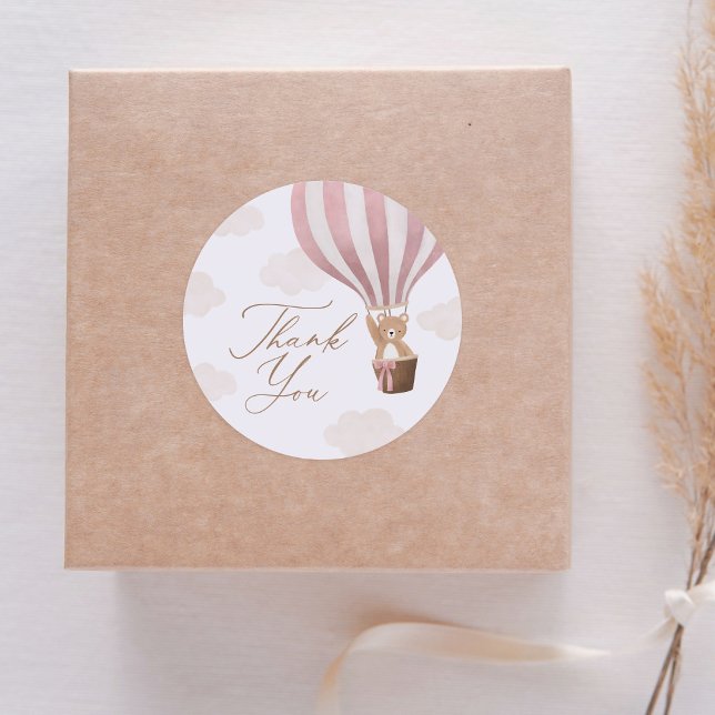 Pink Teddy Bear Hot Air Balloon Baby Shower Classic Round Sticker (Creator Uploaded)