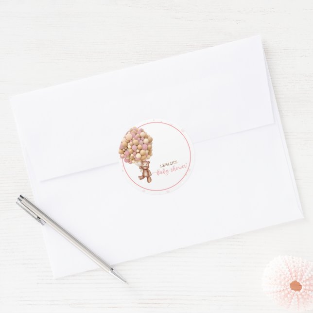 Pink Teddy Bear Hot Air Balloon Baby Shower Custom Classic Round Sticker (Envelope)