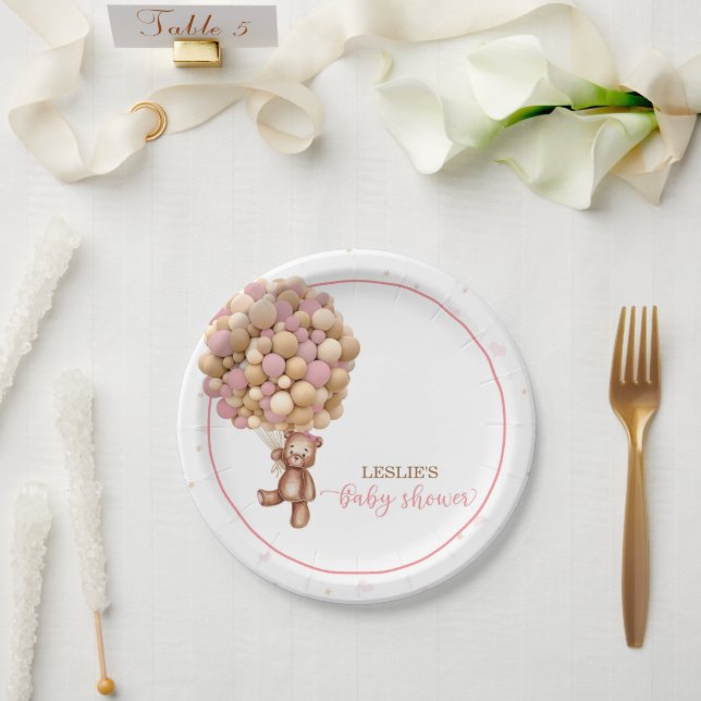 Pink Teddy Bear Hot Air Balloon Baby Shower Custom Paper Plate (Wedding)