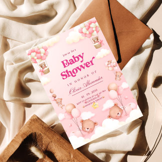 Pink Teddy Bear Hot Air Balloon Baby Shower Invitation