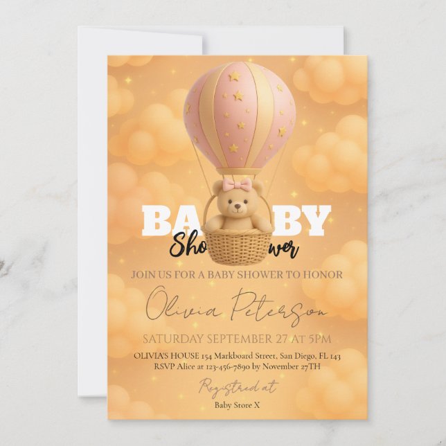 Pink Teddy Bear Hot Air Balloon Girly Baby Shower Invitation (Front)