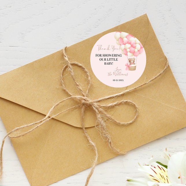 Pink Teddy Bear Oh Girl Balloon Baby Shower Classic Round Sticker (Creator Uploaded)