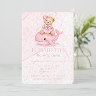 Pink Teddy Bear On Whale Girl Baby Shower Invitation