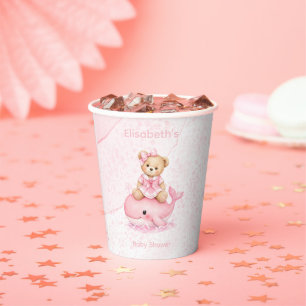 Pink Teddy Bear On Whale Girl Baby Shower Paper Cups