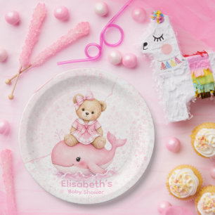 Pink Teddy Bear On Whale Girl Baby Shower Paper Plate