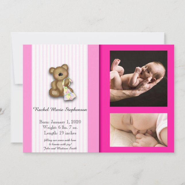 Pink Teddy Bear Photo Baby Announcement (Front)