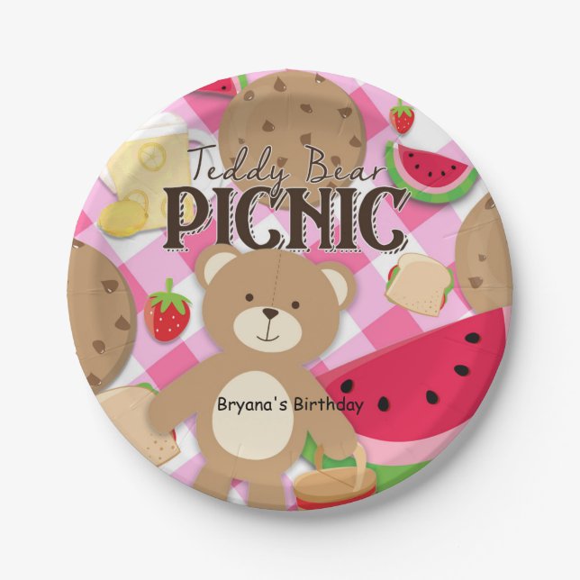 Pink Teddy Bear Picnic Summer Birthday Party Paper Plate (Front)