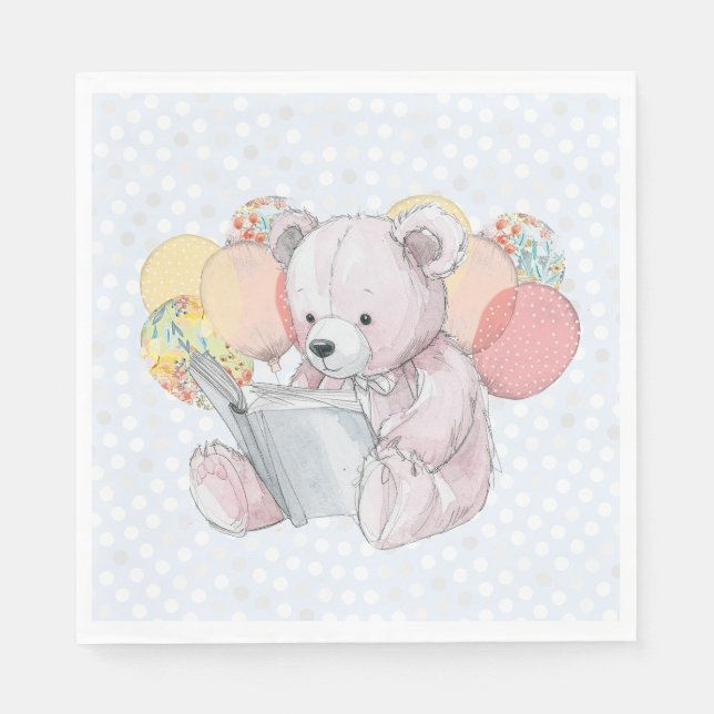 Pink Teddy Bear reading a book  Napkin (Front)