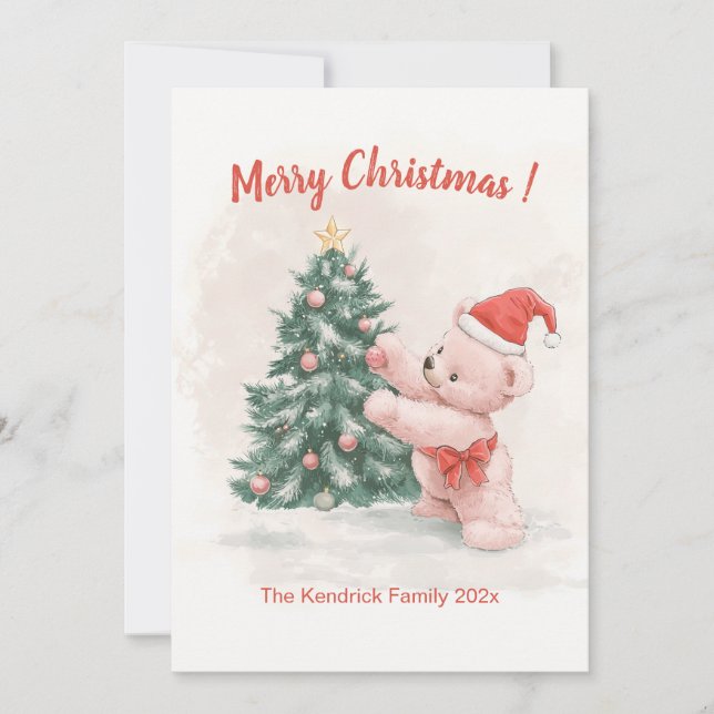 Pink Teddy Bear Retro Christmas Card (Front)