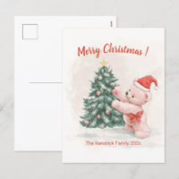Pink Teddy Bear Retro Christmas Postcard