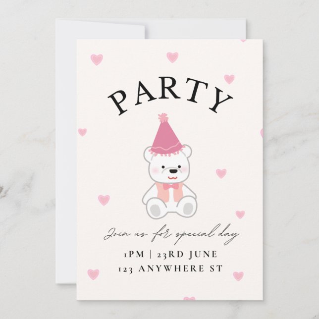 Pink Teddy Bear Theme Party Invitation card (Front)