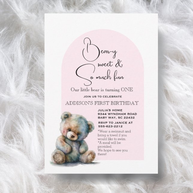 Pink Teddy Bear Theme Watercolor First Birthday Invitation (Creator Uploaded)