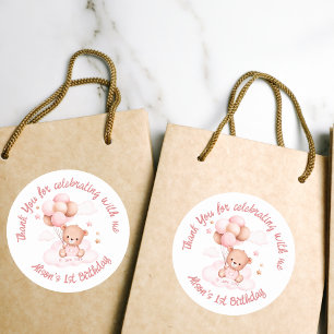 Pink teddy bear with balloons on clouds custom classic round sticker