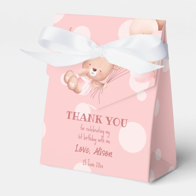 Pink teddy bear with balloons on clouds custom favour box (Front Side)