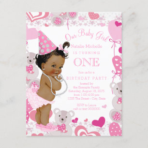 Pink Teddy Bears Hearts Girls 1st Birthday Party Invitation