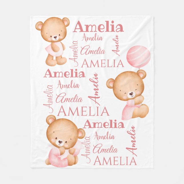 Pink teddy bears personalised girls name  baby bla fleece blanket (Front)