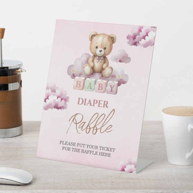 Pink Teddy Cloud Stars Baby Shower Diaper Raffle Pedestal Sign (In SItu)