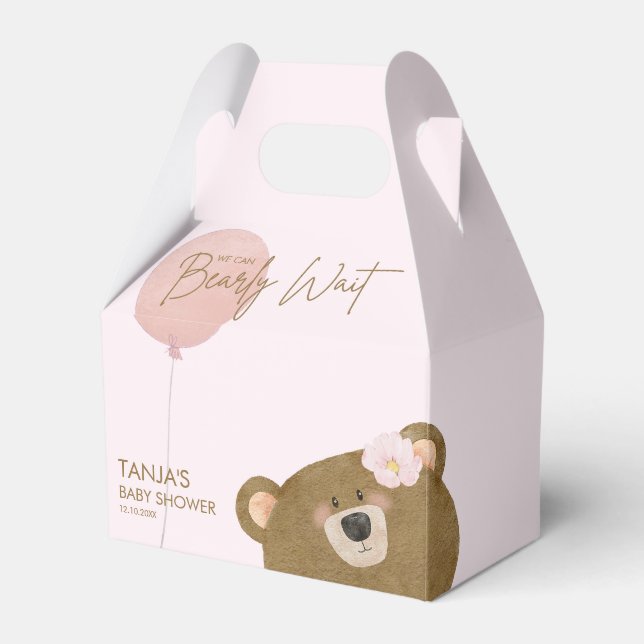 Pink Teddy We Can Bearly Wait Girl Baby Shower Favour Box (Front Side)
