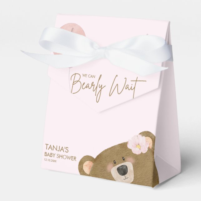 Pink Teddy We Can Bearly Wait Girl Baby Shower Favour Box (Front Side)