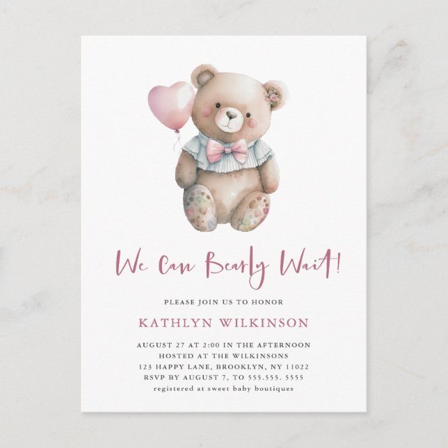 Pink Teddy We Can Bearly Wait Girl Baby Shower Invitation Postcard (Front)