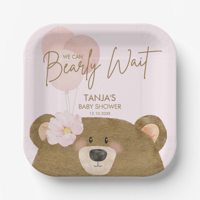 Pink Teddy We Can Bearly Wait Girl Baby Shower Paper Plate (Front)