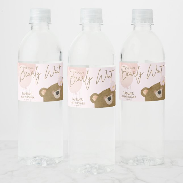 Pink Teddy We Can Bearly Wait Girl Baby Shower Water Bottle Label (Bottles)