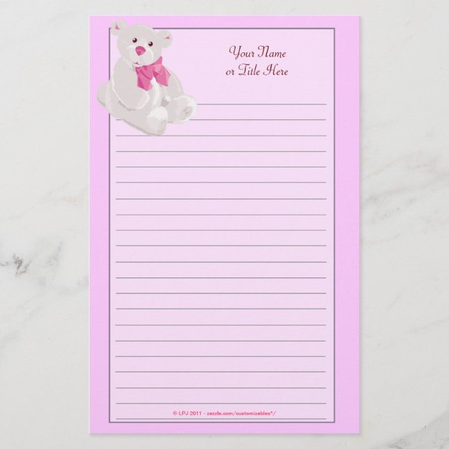Pink Teddybear Lined Stationery (Front)