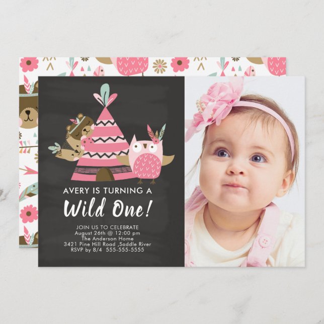 Pink Teepee Wild One Birthday Invitation (Front/Back)