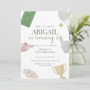 Pink Tennis 10th Birthday Party for Girls Preppy  Invitation