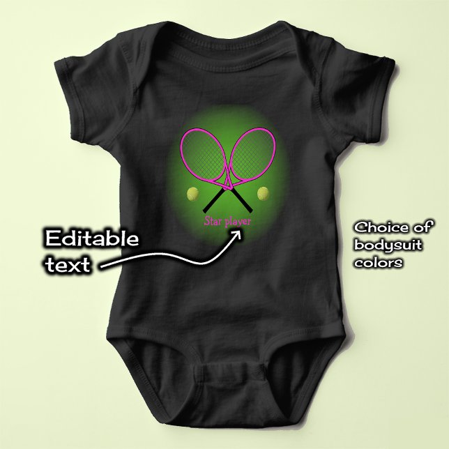 Pink tennis add name or text baby bodysuit (Example: black bodysuit with vivid printing option)
