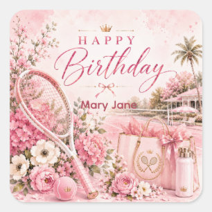 Pink Tennis Birthday Floral Watercolor Square Sticker