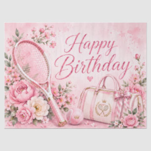 Pink Tennis Happy Birthday Floral Watercolor  Tissue Paper