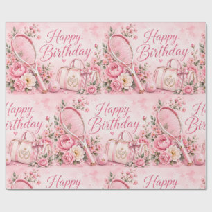 Pink Tennis Happy Birthday Floral Watercolor Wrapping Paper