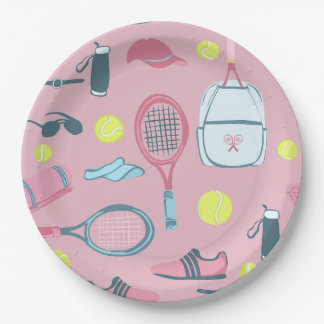 pink tennis racket ball court equipment paper plate