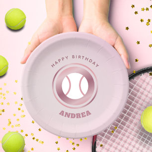 Pink Tennis Theme Birthday Paper Plates with Name