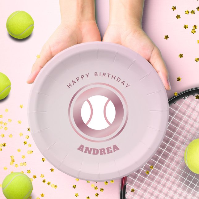 Pink Tennis Theme Birthday Paper Plates with Name (Creator Uploaded)