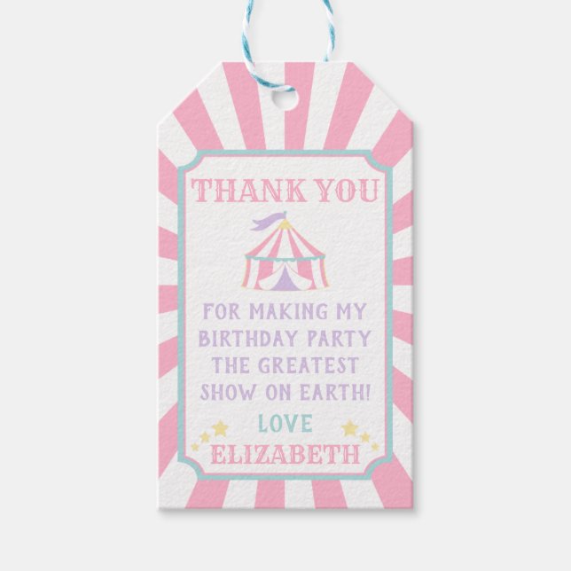 Pink Tent Circus Carnival Birthday Favour Gift Tag (Front)