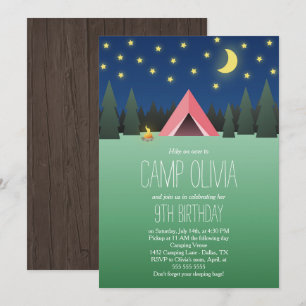 Pink Tent Under the Stars Birthday Camping Invitation