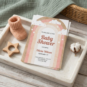 Pink Terracotta Boho Rainbow Clouds Baby Shower Invitation